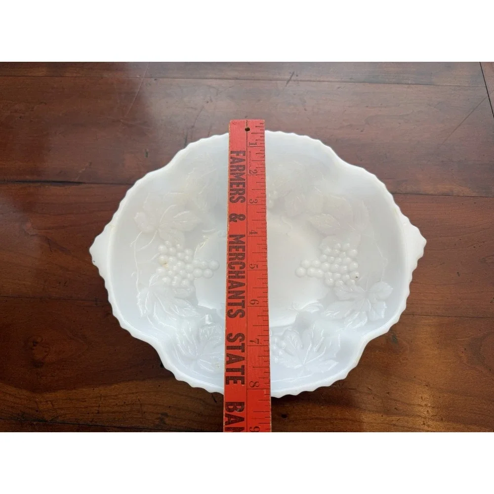 Vintage Anchor Hocking Milk Glass Harvest Grape Oval Bowl Handled Serving MCM